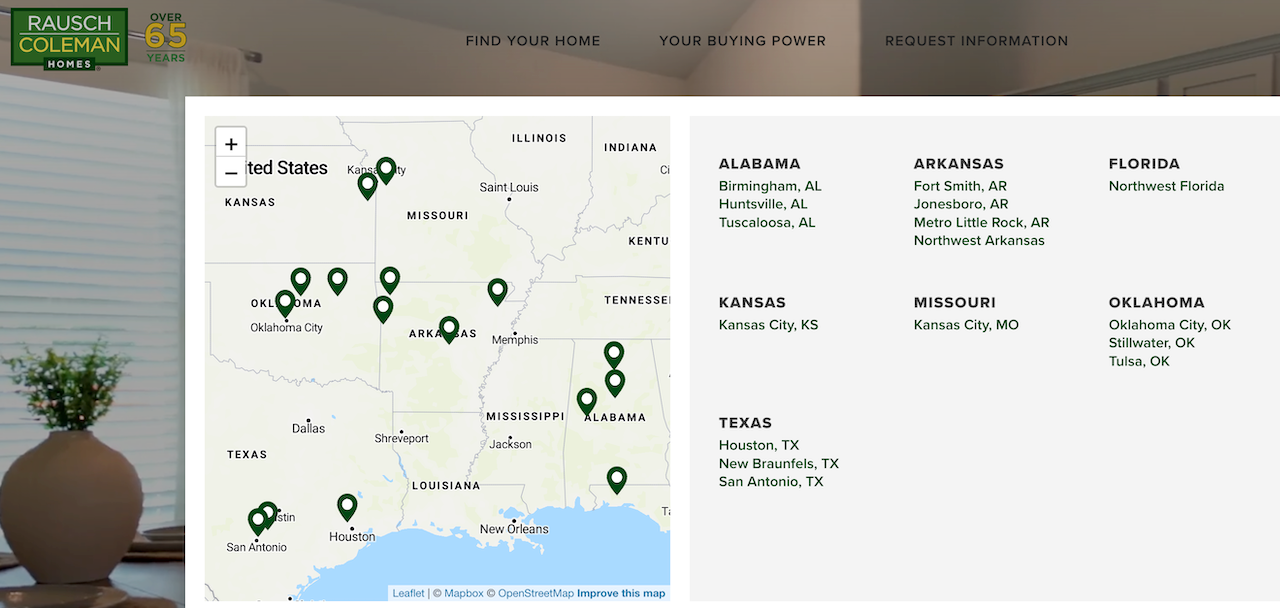 Map showing Rausch Coleman’s expansion into tertiary housing markets