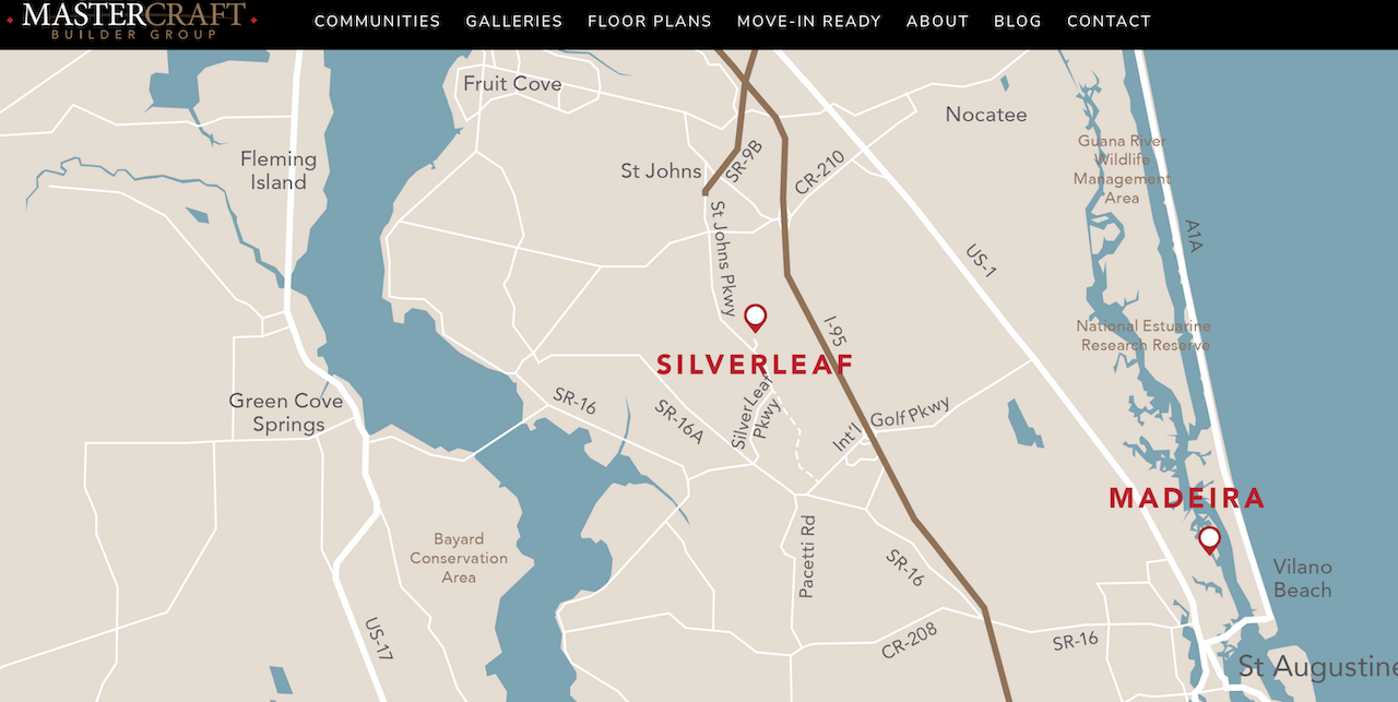 Map of northeast Florida showing current residential communities being built by MasterCraft Builder Group